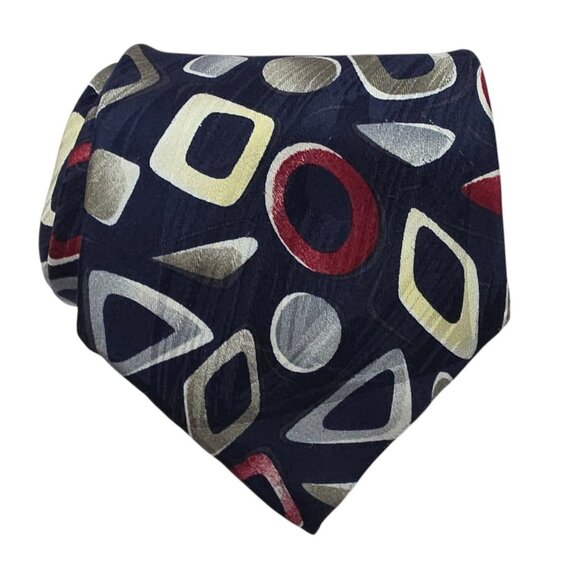 JS Blank & Co Geometric Print Navy Cream Burgundy Silk Mens Tie - Picture 1 of 4